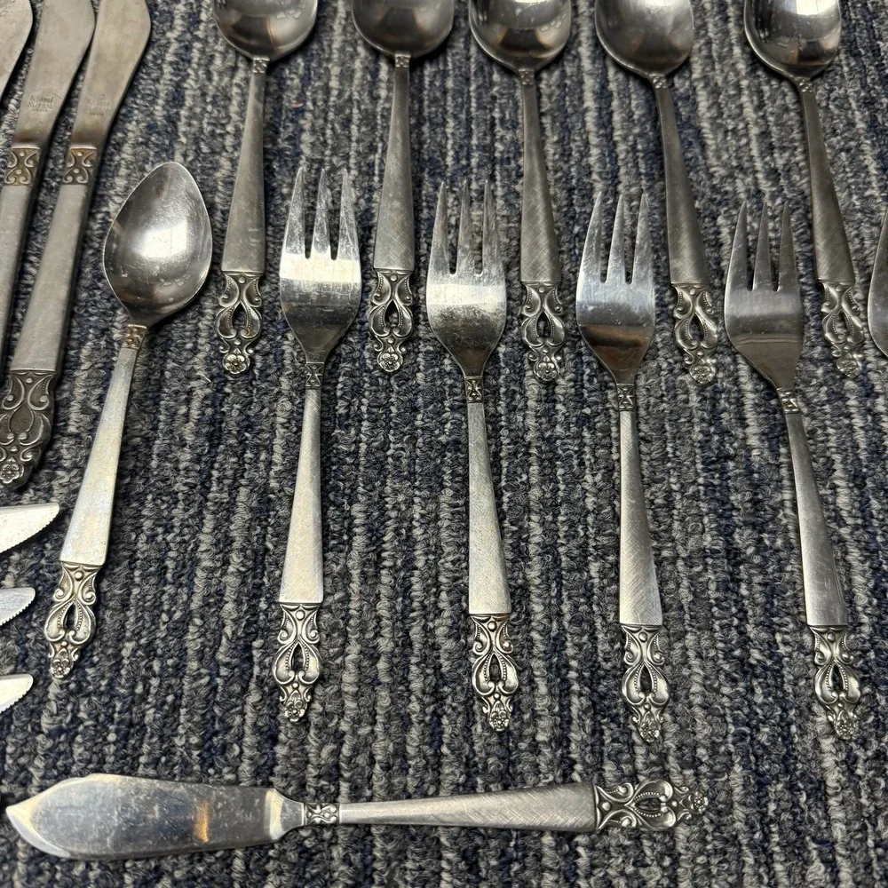 Vtg National Stainless Pierced Olaf Flatware 24 Pc Set Spoons Forks Knives *read